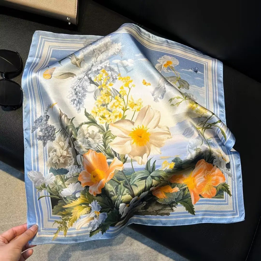 elegant floral hair silk scarf bandanas Mulberry silk scarf 53cm square 12MM natural silk printing neck head scarf for women