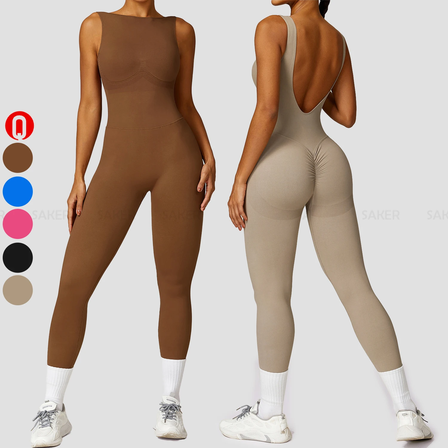 Fashion New Yoga Fitness Wear Seamless Deep V Back Gym Jumpsuits Female Sleeveless Scrunch Butt Yoga Bodysuit For Women