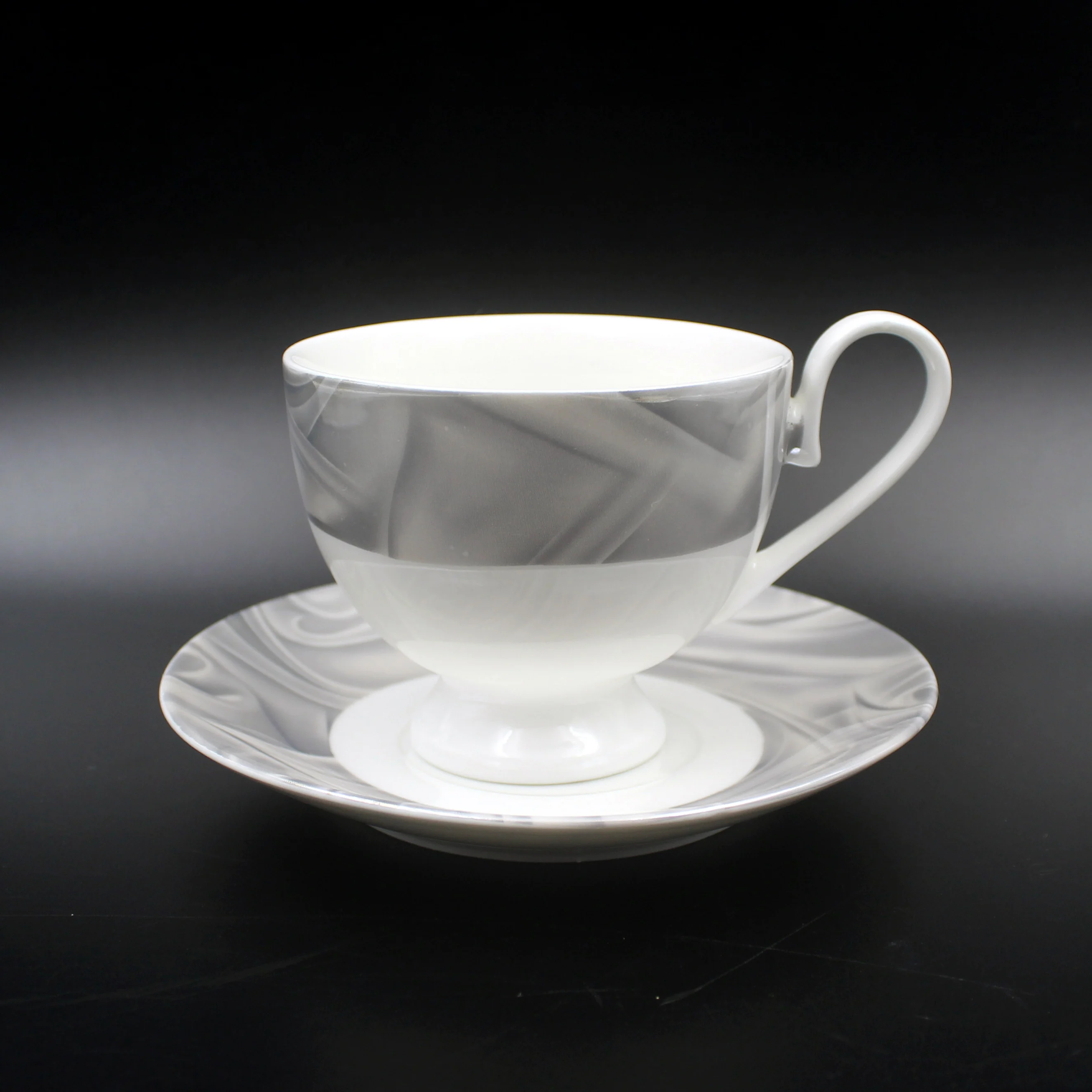 White New bone china porcelain ceramic coffee  tea cup and saucer set with print decal gold rim
