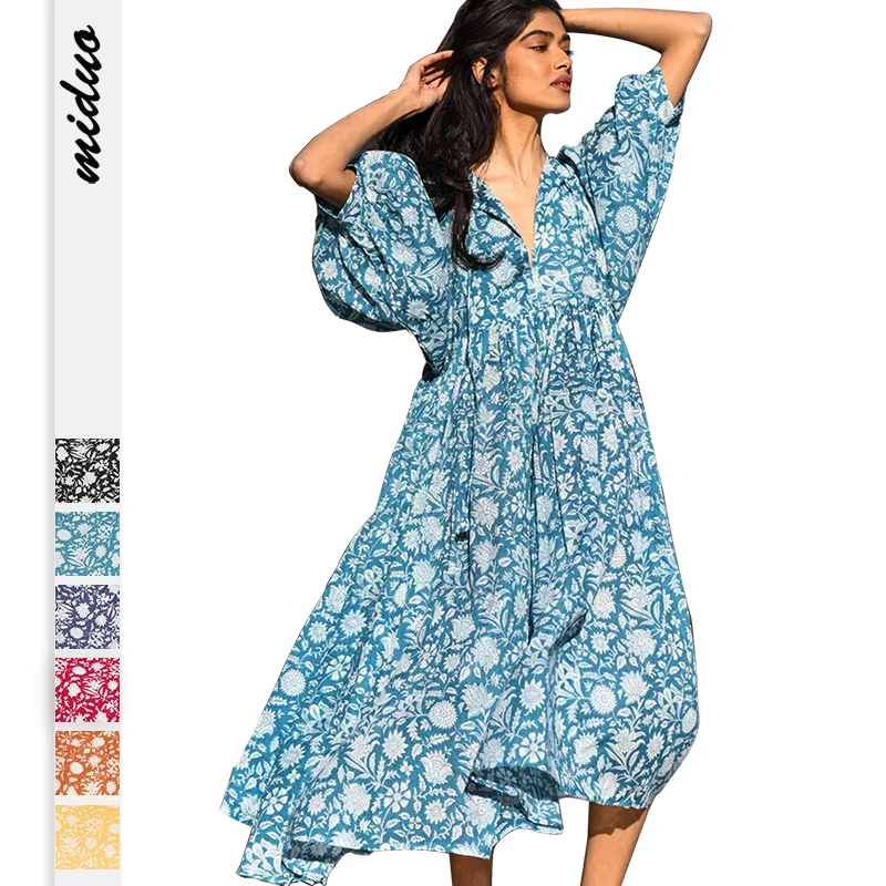 Half Sleeve Floral Maxi Dress Women Chiffon Flowy Midi Dress Lantern Sleeve Casual Polynesian Dress