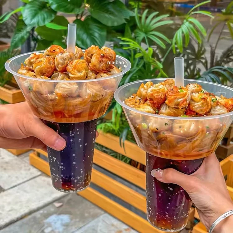 Disposable snack drink cup with straw custom fried chicken snack bowl hotpot cup wholesale food takeaway plastic cup with tray