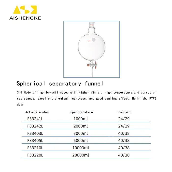 ASK Manufacture 1 2 3 5 10 20L лабораторный стеклянный инструмент тетрафтор поршень сферическая сепарационная воронка