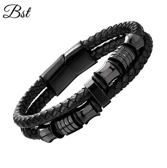 Latest Design Custom Leather Charm Bangle Adjustable Stainless Steel Bracelet For Men