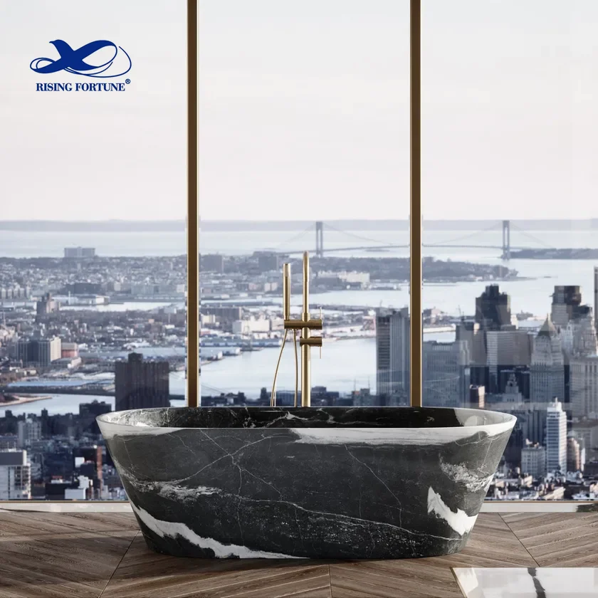 RF High Quality Large Size Customized Real Stone Black Marble Round Bathtub Floor Free Standing Bath Tub