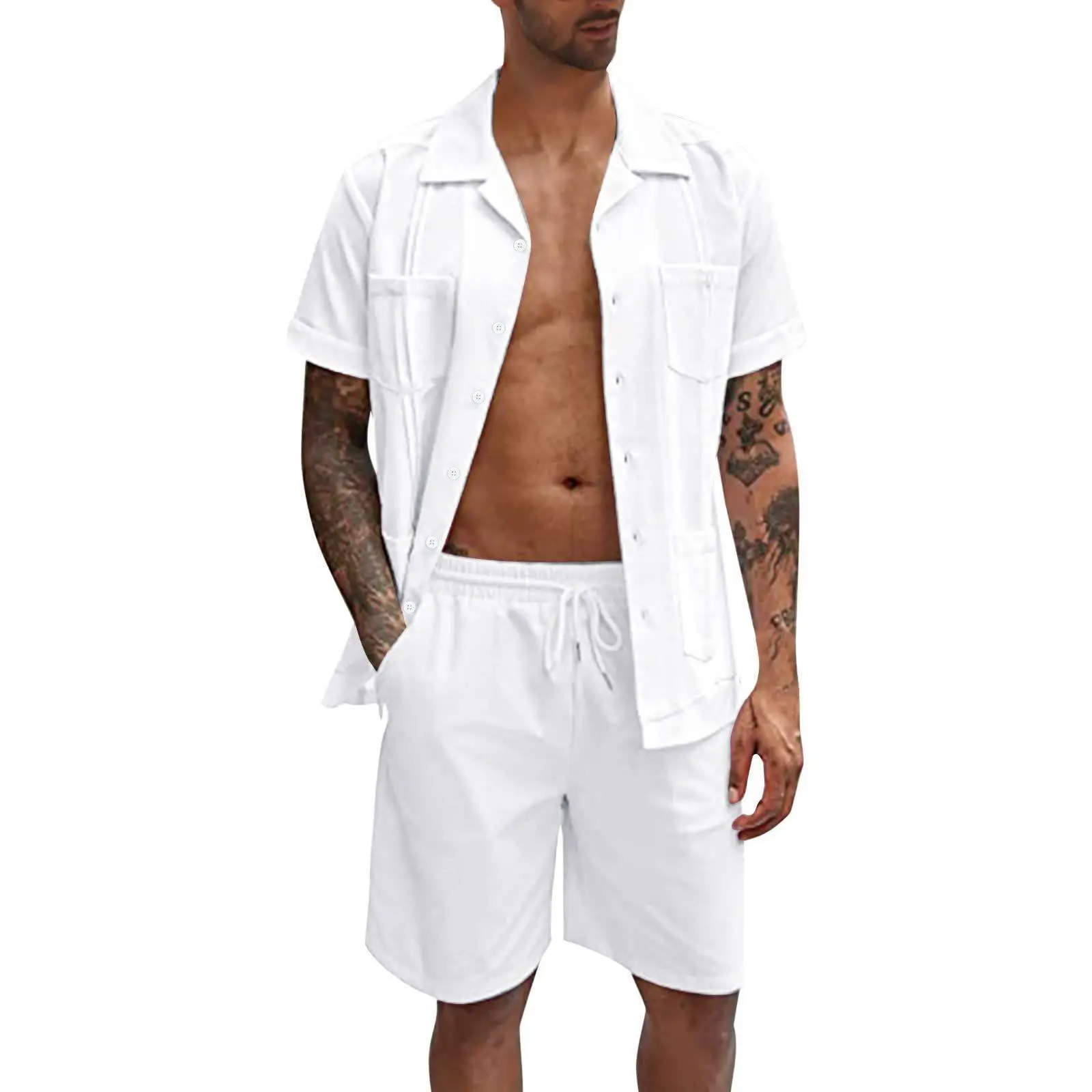 2024 Custom Breathable Summer Two Piece Men Shirt And Shorts Linen Short Set