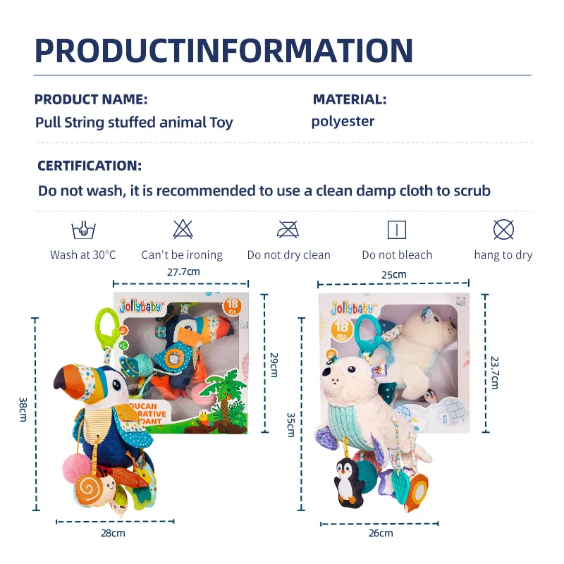 Custom Plush Animal polar bear woodpecker Rattle montessori pull string toy Car seat Stroller Hanging Toy Play Jitter toys