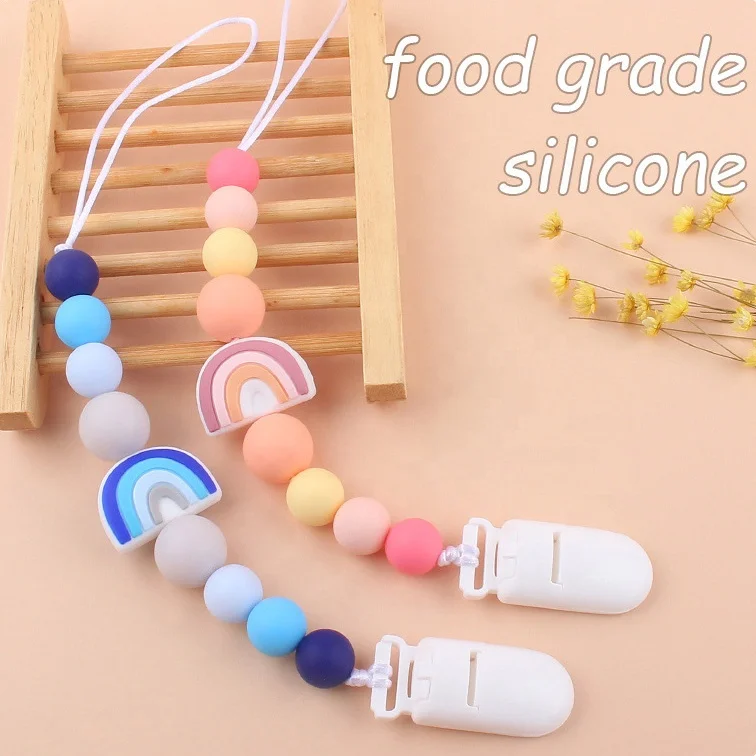 Factory Customize Baby Silicone Colorful Teether Beads Newborn Anti-Drop Pacifier Clip Chain