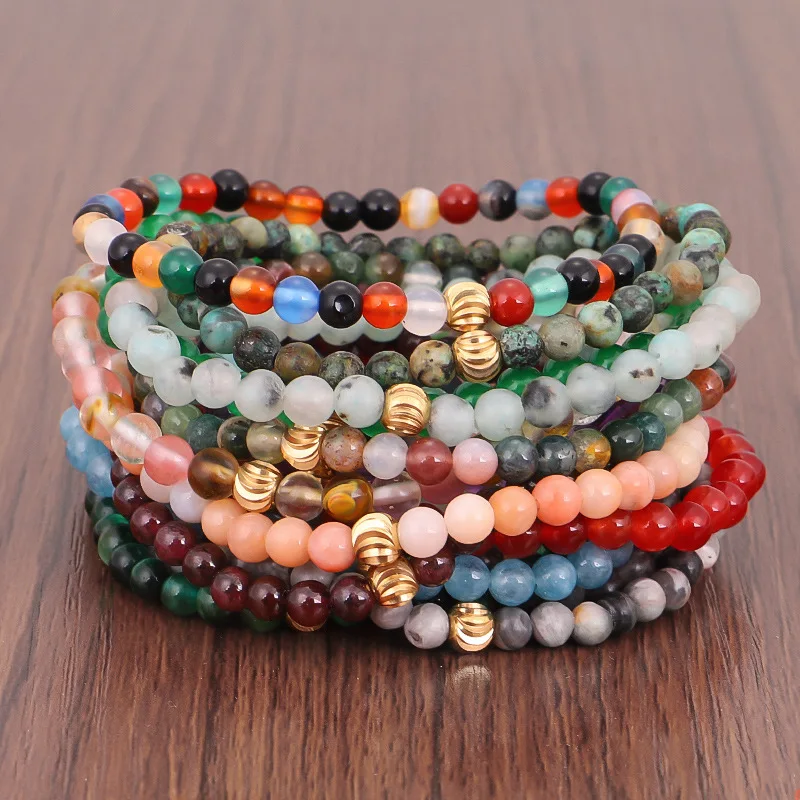 Женский браслет ручной работы с бусинами 4 мм из натурального камня и меди, браслет с агатом, тигровым глазом и аметистом