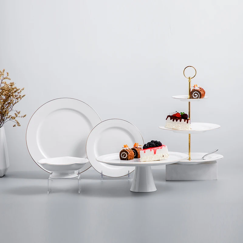 High end porcelain wedding birthday cake stand and ceramic display plates white and gold rim set european for party