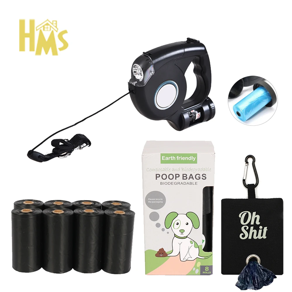 HMSportable led flashlight retractable dog leash poop bag dispenser hook kucing leashes plastic packaging with poop bag bags