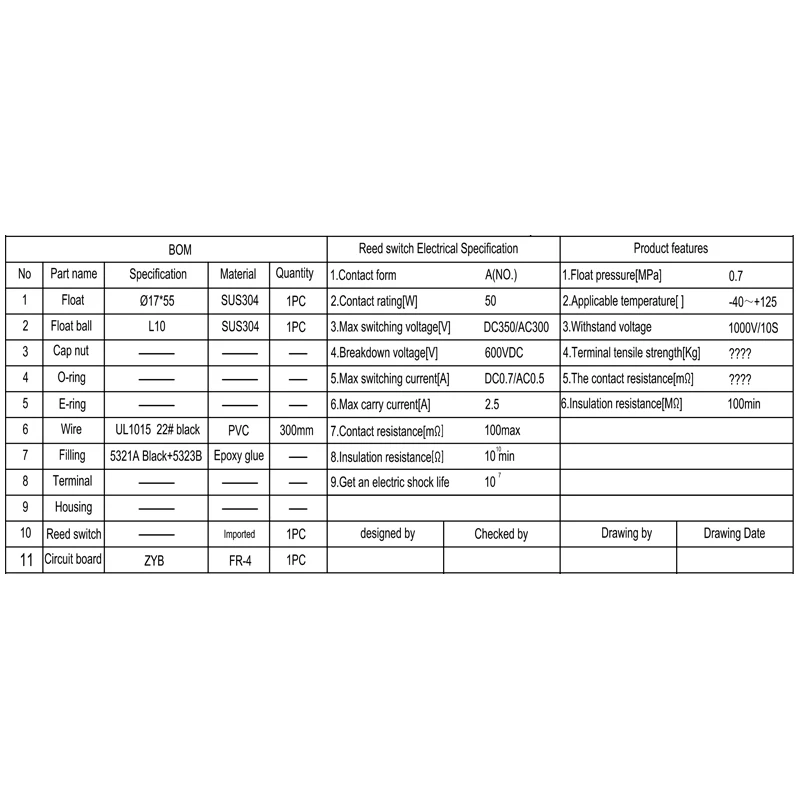 Float Switch Stainless Steel liquid water level sensor horizontal Side Mounted duck-billed switch for high temperature device