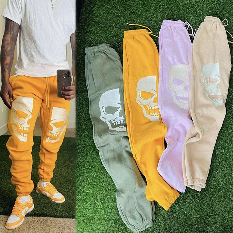 QYOURECLO Custom Logo Straight Skull Print Loose Sweatpants Graphic Track Men Stacked Sweat Pants