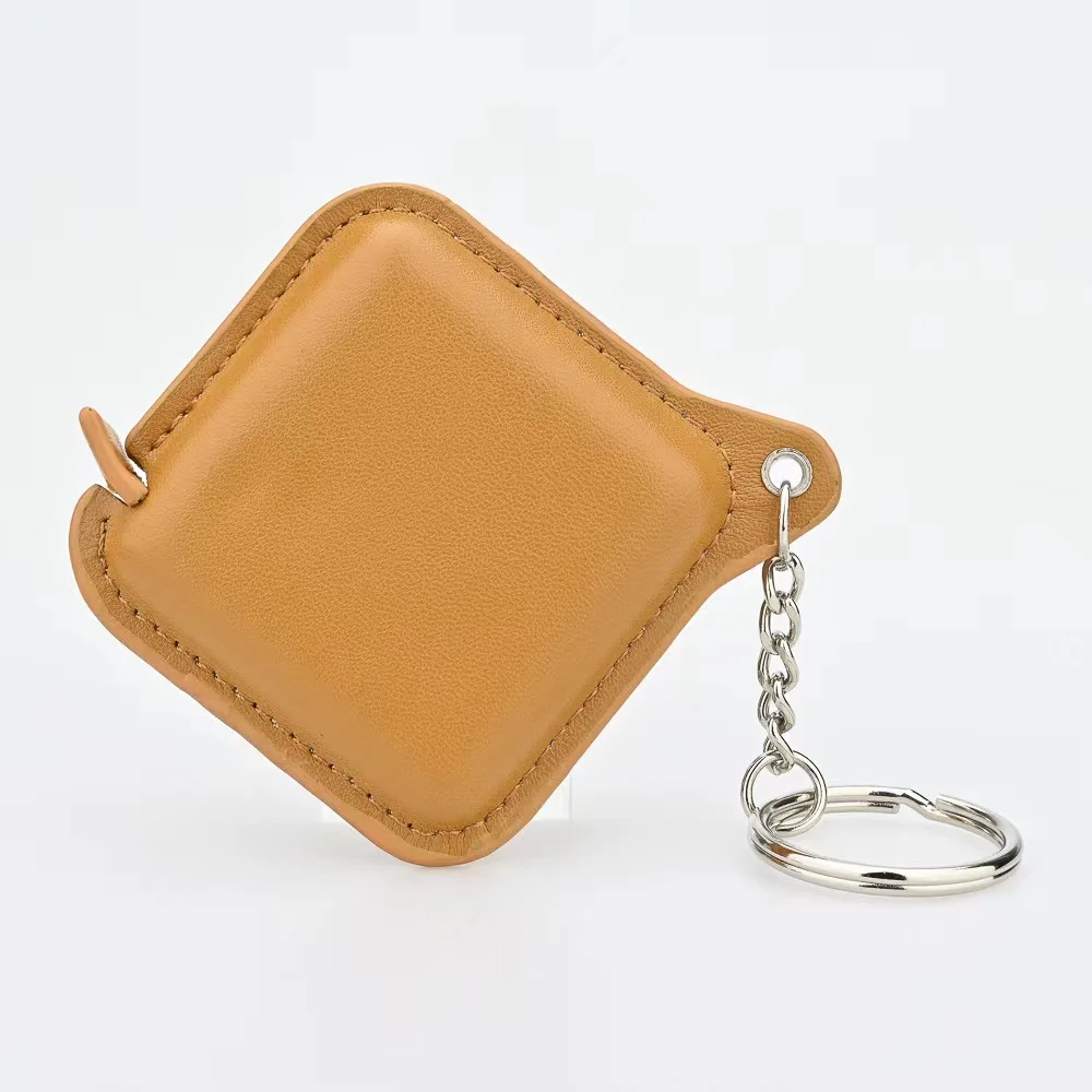 Custom logo debossed square shape yellow leather cover mini tape measure keychain
