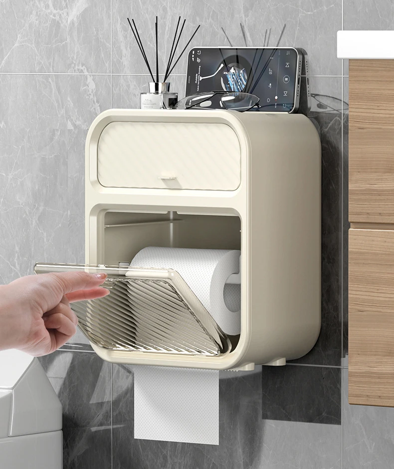 Punch-free Double Tiers Toilet Paper Storage Box with Drawer Paper Towel Dispenser Wall Mounted Waterproof Bathroom Tissue Box