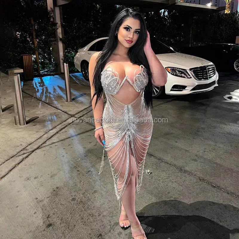 New Arrival Product Unique Special Design Night Club Dresses Sexy Women Sexy Shiny  Chain Hollow Out Gown Prom Dress