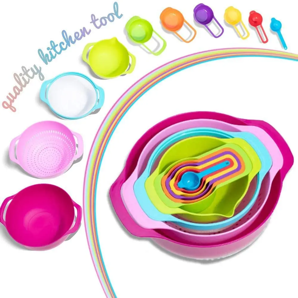10 Piece Mixing Bowl Set Colorful Kitchen Bowls Colander Mesh Strainer with Handles Stackable Measuring Cups and Spoons