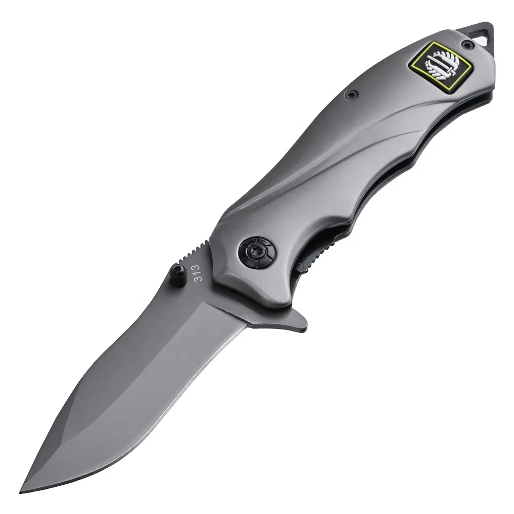 High Quality Grey Titanium Plating Tactical Camping Survival Folding Pocket Knife With Stainless Steel Handle