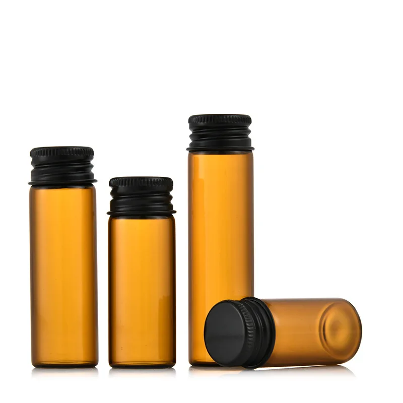 22mm empty mini glass essential oil vial 5ml amber glass perfume tube bottle with black gold screw lid