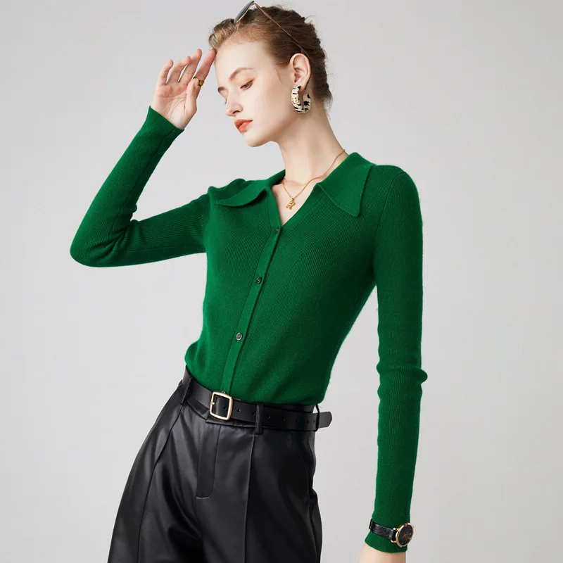 2024 Hot selling Polo Collar Cashmere Sweater Autumn/Winter Solid Color Slim Fit Knitted Cardigan Wool Sweater for Women