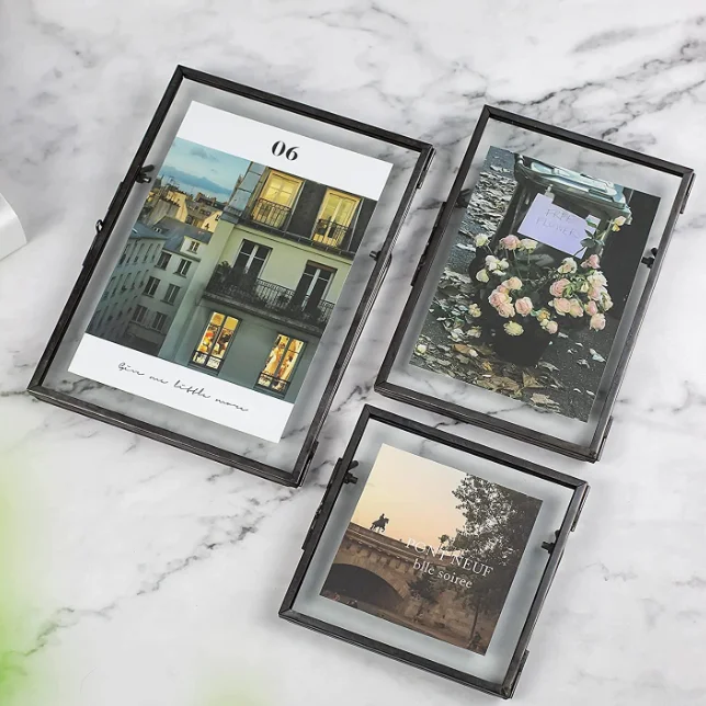 Hot sale High quality floating glass box with metal frame metal picture photo frame for home decor crafts