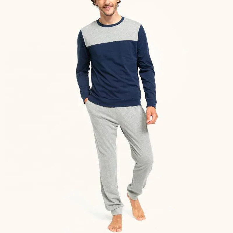 OEM/ODM custom LOGO Pajama 2 Pieces Long Sleeve Top Pants Man print Soft cotton jersey mens organic Pajamas Sleepwear Set