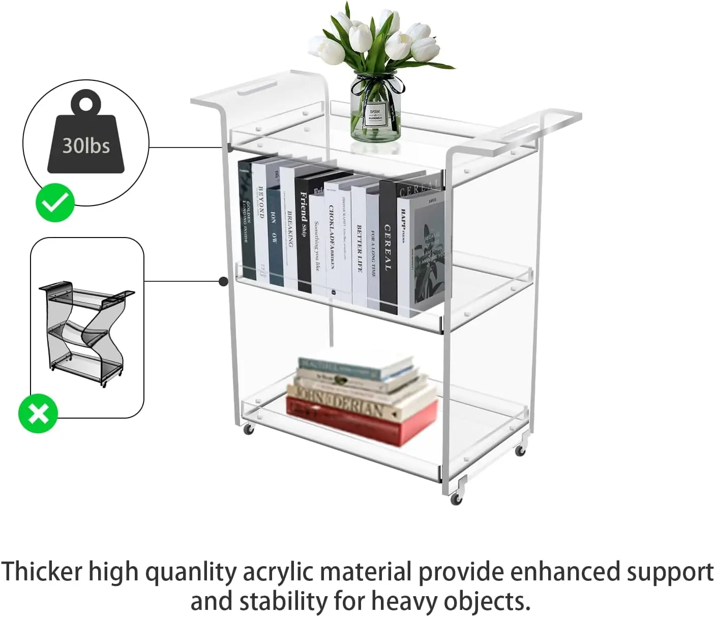 Custom Acrylic Bar Cart Transparent Acrylic Serving Trolley For Home /Hotel /Restaurant