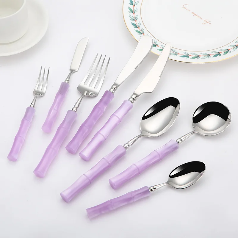 High Quality 18/10 Flatware Set Violet Acrylic Handle Stainless Steel Knife Fork Spoon Silverware Restaurant Cutlery Set