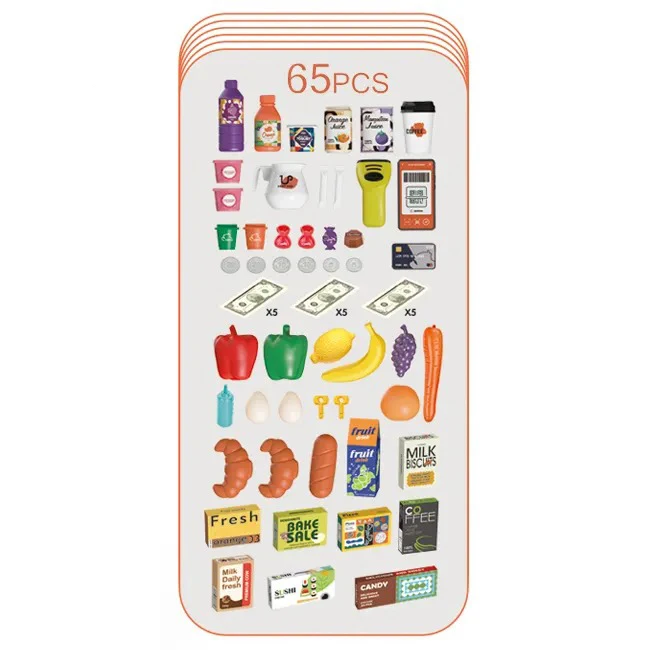 custom supermarket store play set trolley toys 65pcs electric cash register super market toy shopping cart