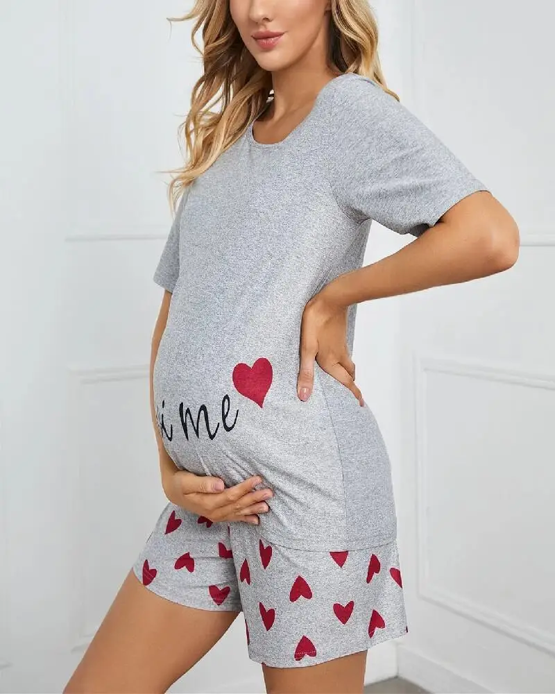 
M039 Heart and Letter Graphic Maternity Loungewear Pj Short Set for Pregnant Women 