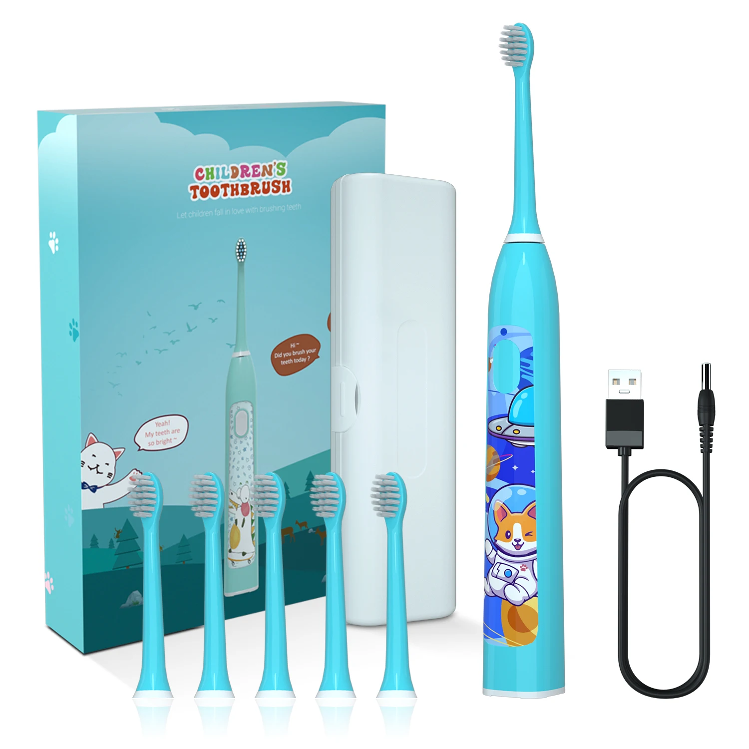 Детская электрическая зубная щетка с звуковой технологией 4 режима умным таймером и наклейка мультяшным дизайном перезаряжаемая