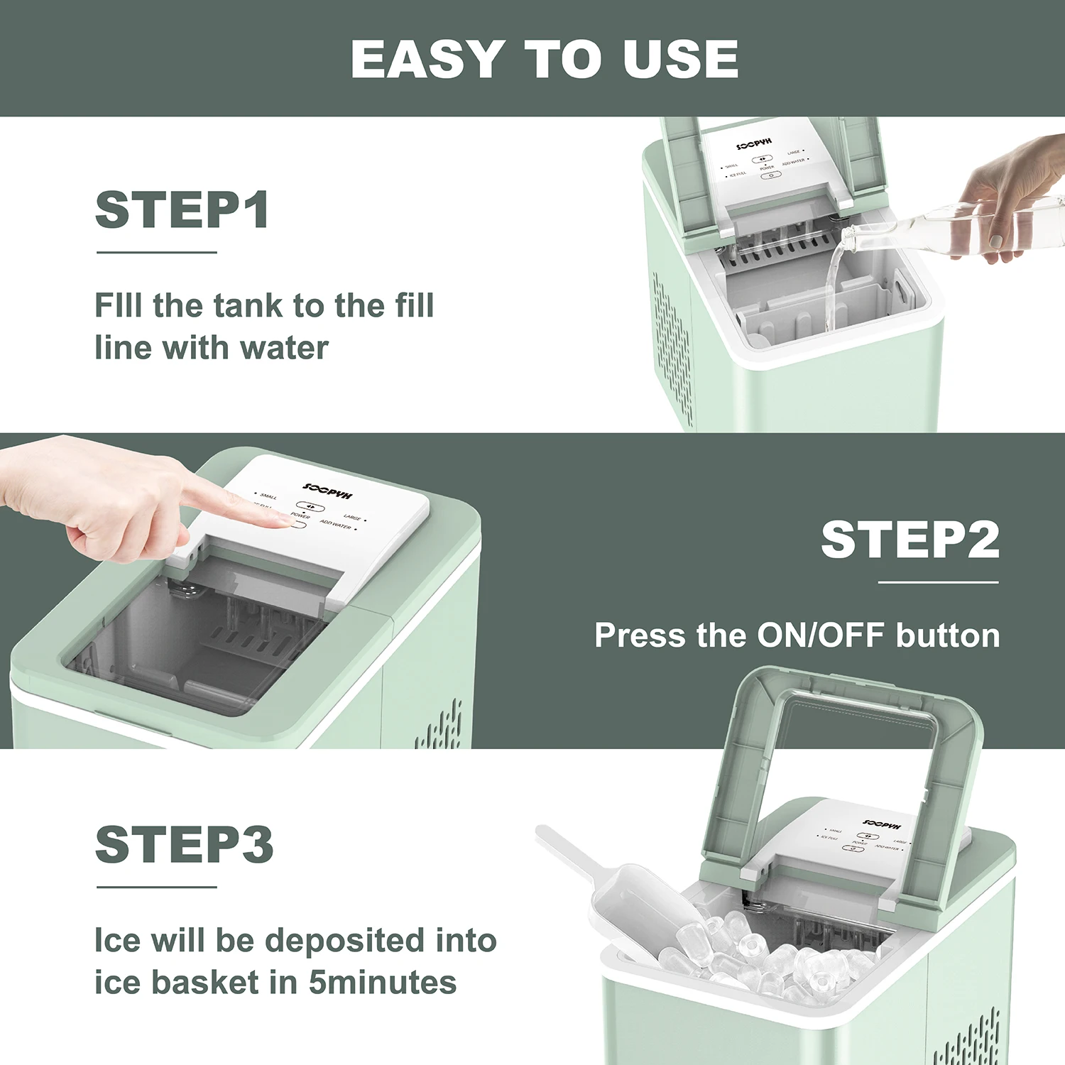 Машина для изготовления кубиков льда IC1209 Aquart, Настольная мини-машина для приготовления кубиков льда, 12 кг, 6-8 минут самоочистки, с ковшом для льда и корзиной