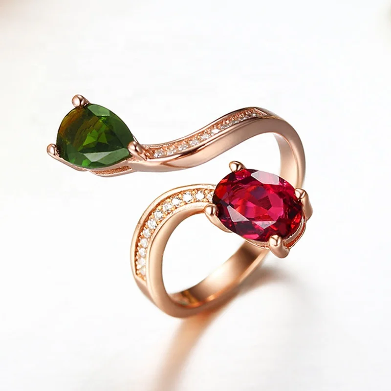Unique design 925 sterling silver jewelry  main two stone natural tourmaline adjustable rings