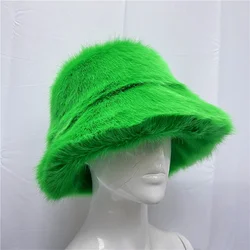 Hign Quality Fuzzy fur Winter Warm Flat Top Camouflage Print Faux Rabbit Fur Fuzzy Bucket Hat For Women