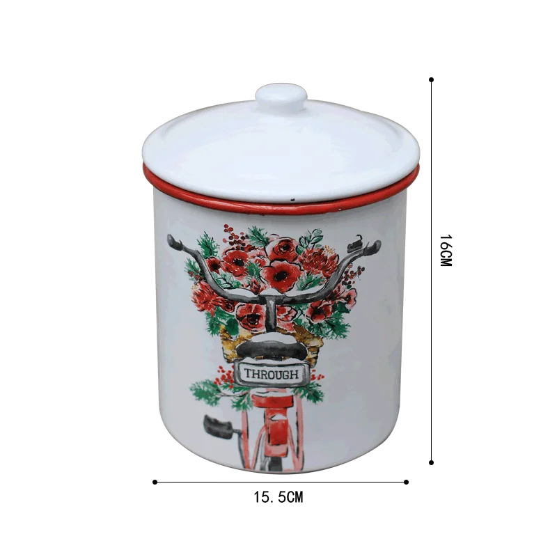 Enamel Pot With lid of Bicycle Flower print Suitable for coffee,sugar,tea