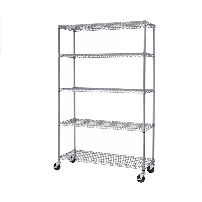 5-Tier Classic Heavy Duty Ultra Durable Commercial Steel Wire Grade Shelving with Wheels Wire Mesh Display Shelve