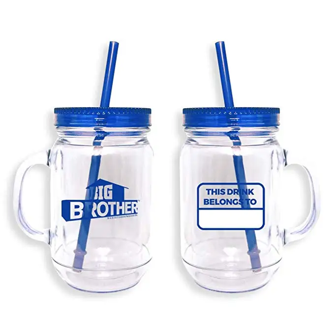 Big Capacity BPA Free Plastic Double Wall Mason Jar With Lid and Straw