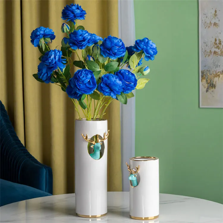 Christmas decoration elk modern europe style blue deer head cylindrical ceramic decor vases for home decor