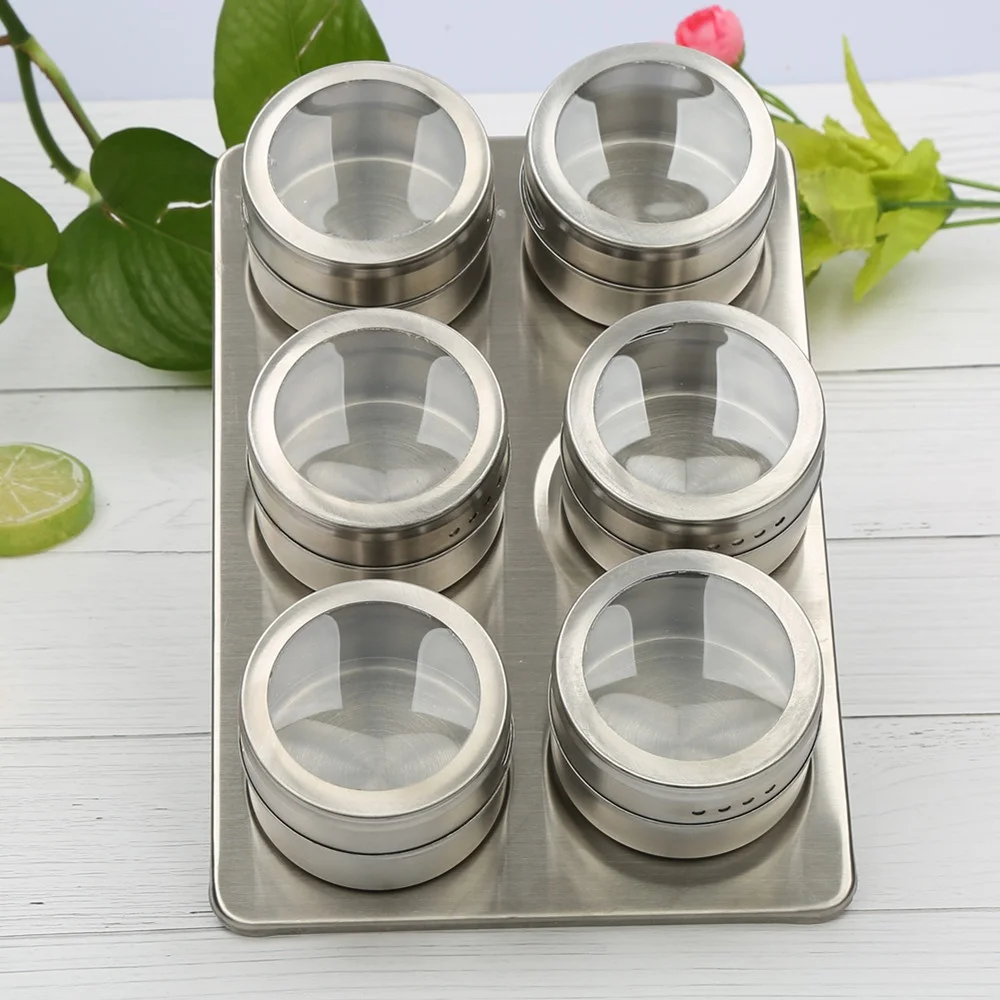 6pcs/set Magnetic Spice Jars With Wall Mounted Seasoning Box Magnetic Dustproof Visible Stainless Steel Spice Organizer Rack
