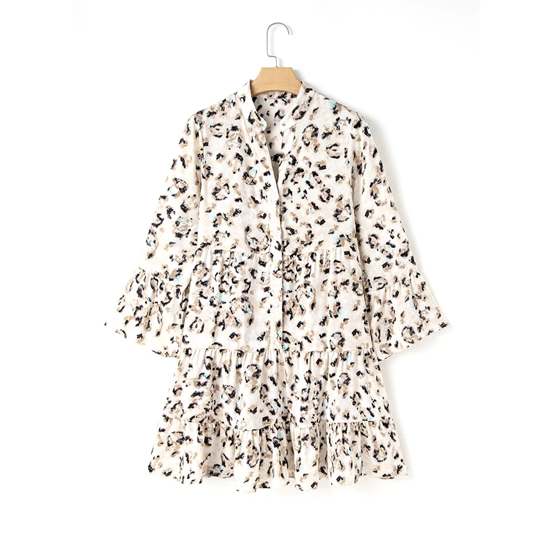 Dear-Lover Wholesale High Waist V Neck Buttoned Front 3/4 Sleeve Tiered Ruffled Hem Leopard Fashion Shirt Mini Dresses Women