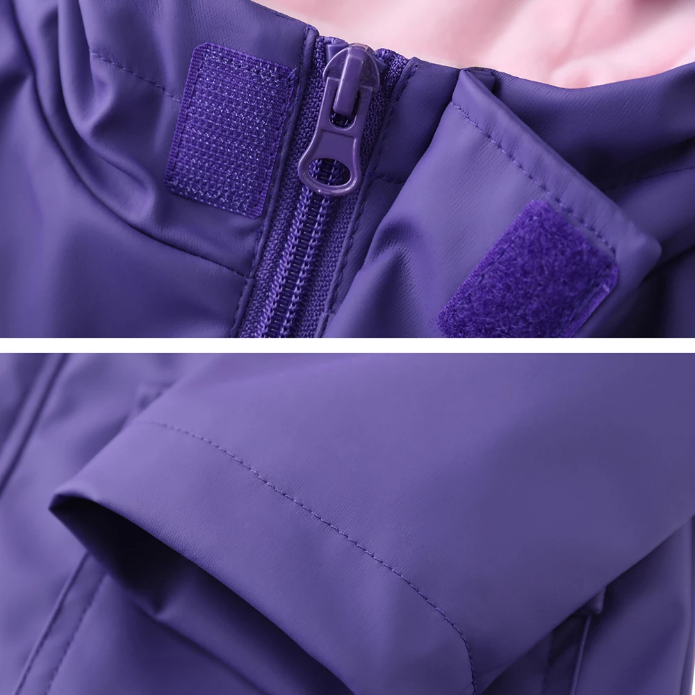 Girls Long-Length Waterproof Raincoat with Fleece Lining Hooded Windbreaker for Autumn Zipper Closure