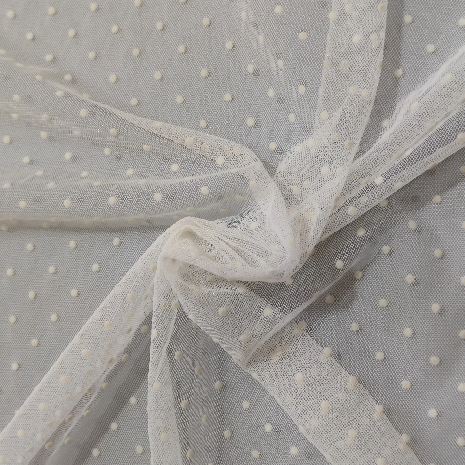 Various colored flocked small dot nylon mesh bridal lace fabric