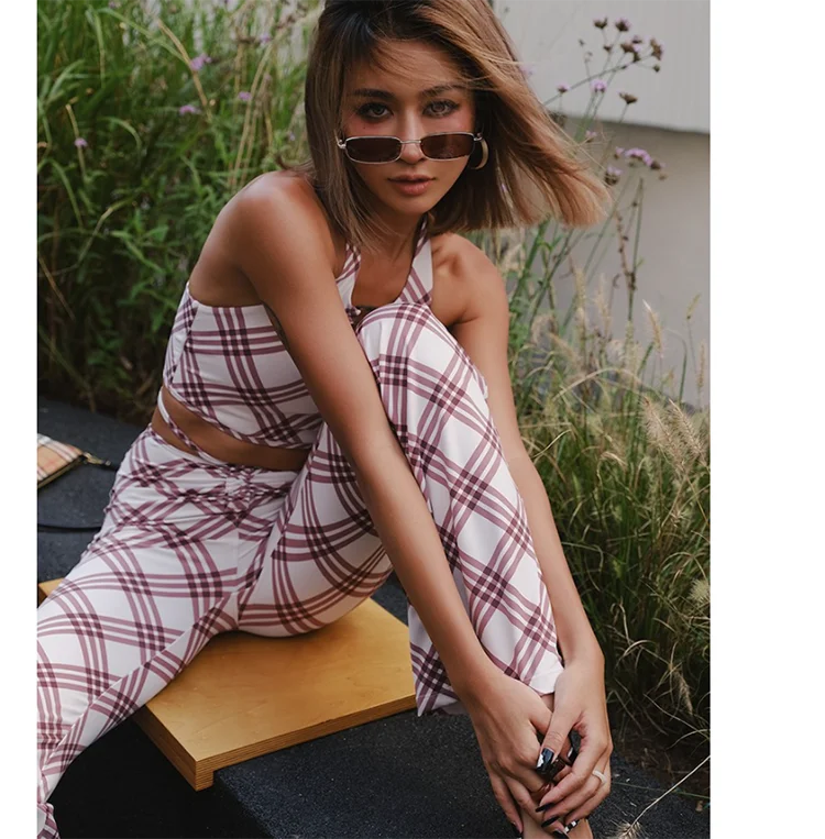 Plaid stripe Gym Wear Set Plaid Styles Yoga Set Advanced Color Outdoor Fitness Workout Sets For Women