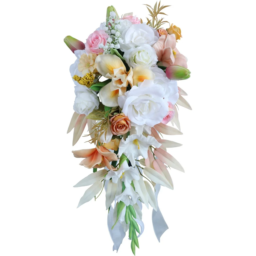 European Wedding Bride Holding Artificial Flowers Water Drop Waterfall Scene Layout with Artificial flower Wedding Photo Bouquet