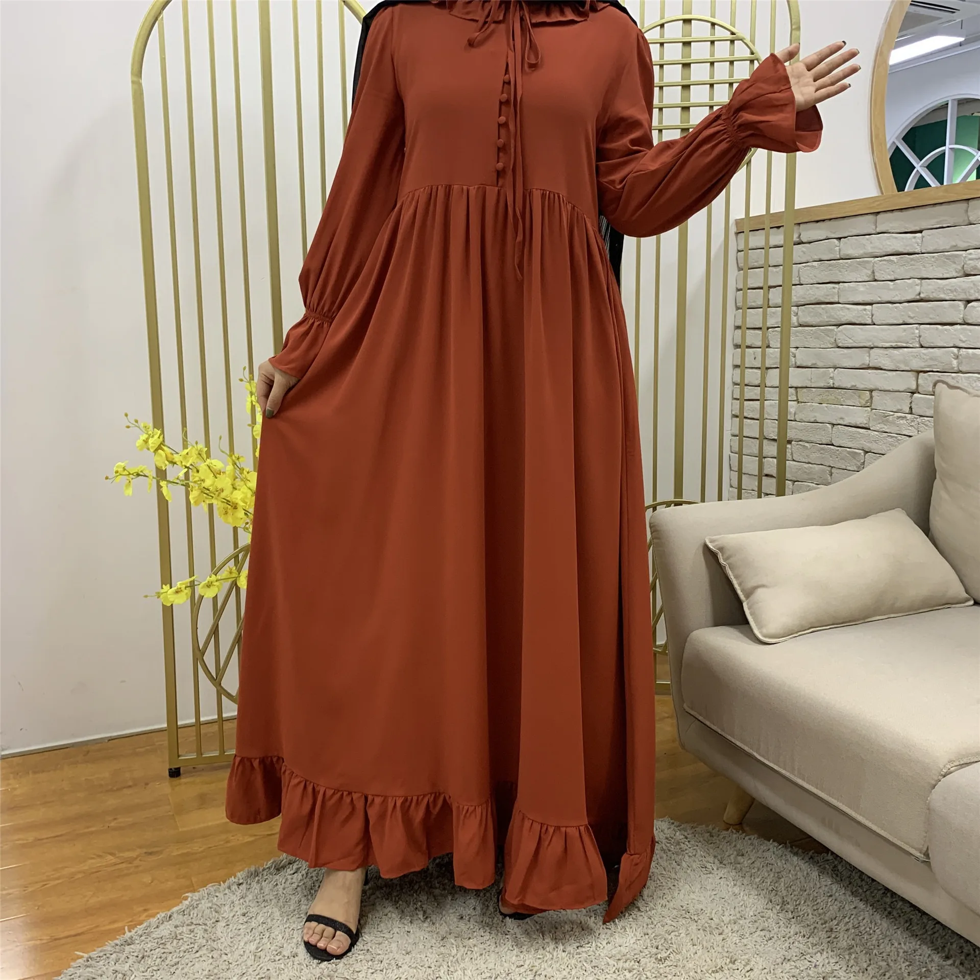 Modest Turkey Long Sleeve Button Ruffle Solid Color New Abaya Designs Dubai Women Muslim Dress Robe For Women S0125