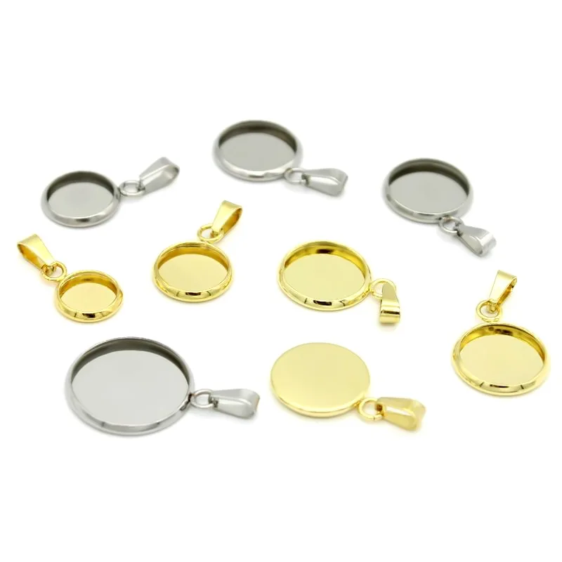 wholesale PVD Gold Stainless Steel Round Blank Bezel Pendant Connector Trays Base Cabochon Settings Trays for Jewelry Making