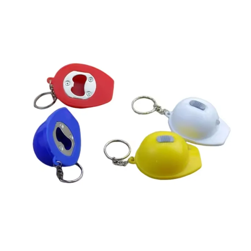 Custom Logo Helpmet Beer Bottle Opener Promotional Plastic Safety Helmet Bottle Opener Keychain With Led Flashlight