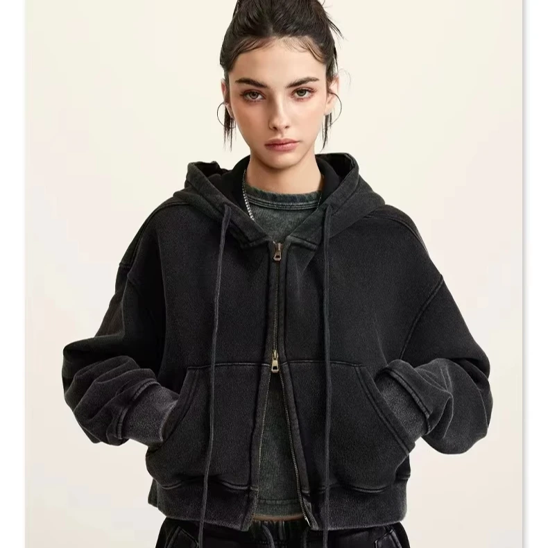 Autumn and Winter Vintage Washed Latin American Double Zipper with Velvet for Short Hoodie Coat