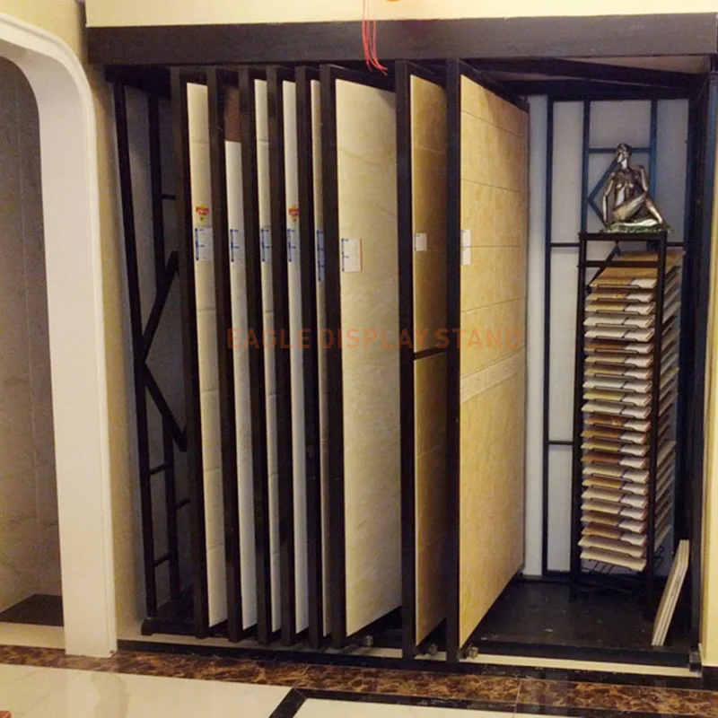 Custom book type page turning display frame ceramic tile show stand wood flooring display stands