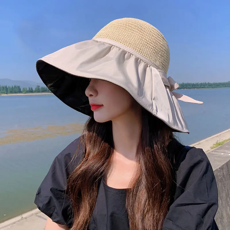AI-MICH Promotion Wholesale Hat Sunscreen Foldable Woven Straw  Summer Bucket Hat Big Brim Sun Visor Beach Hat For Women