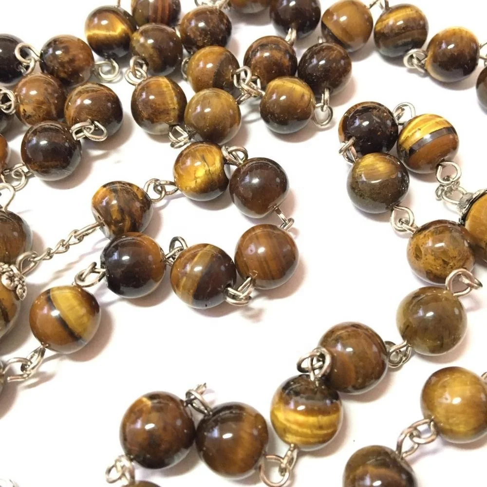 Customized tiger stone beads rosary Chaplet religious cross pendant silver plating Catholic beaded necklace Rosaries